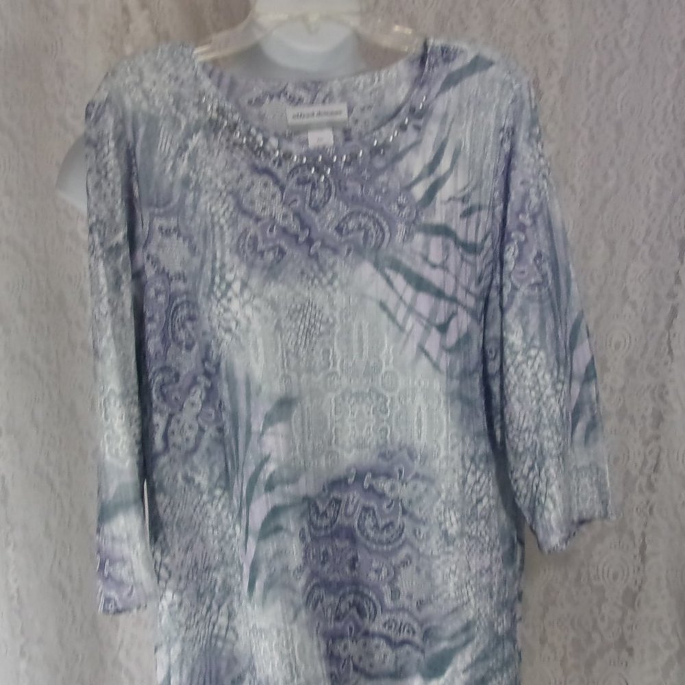 Alfred Dunner Purple Green & White Knit Top Blouse Bling Accents  NWOT PETITE XL
